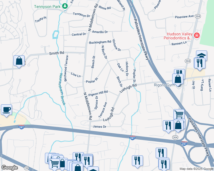 map of restaurants, bars, coffee shops, grocery stores, and more near 8 Terrace Avenue in Nanuet