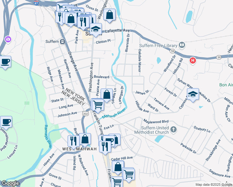 map of restaurants, bars, coffee shops, grocery stores, and more near 20 Temple Lane in Suffern