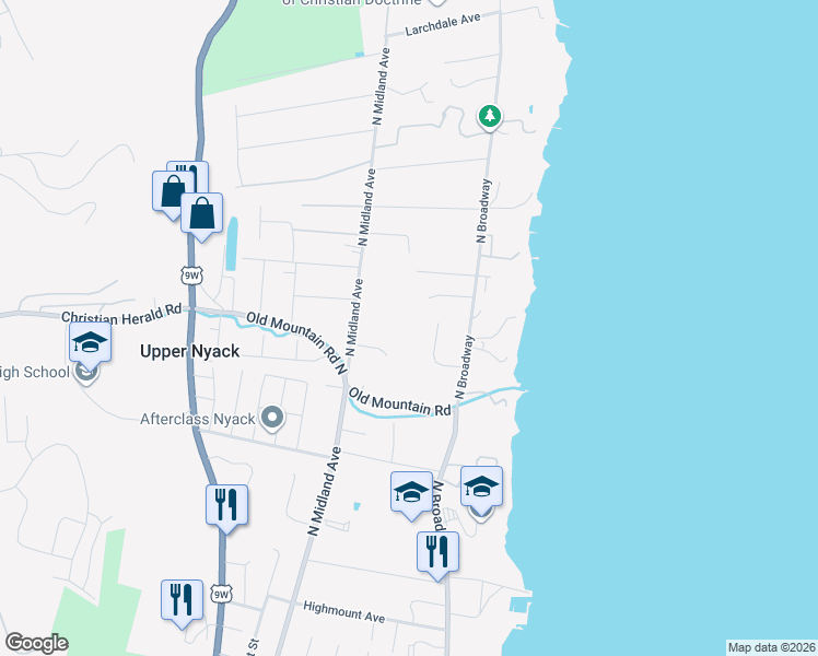 map of restaurants, bars, coffee shops, grocery stores, and more near 109 Wydendown Road in Nyack