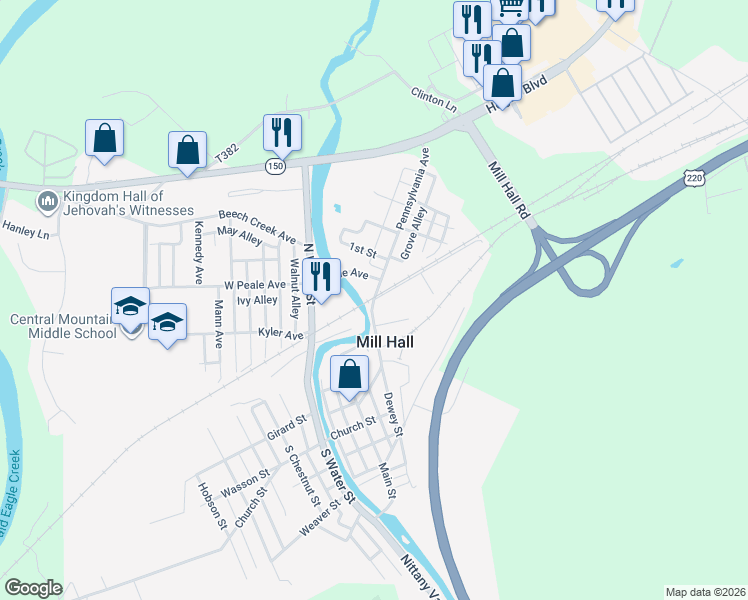 map of restaurants, bars, coffee shops, grocery stores, and more near 1 Market Street in Mill Hall