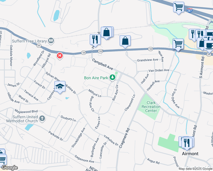 map of restaurants, bars, coffee shops, grocery stores, and more near 1 Somerset Drive in Suffern