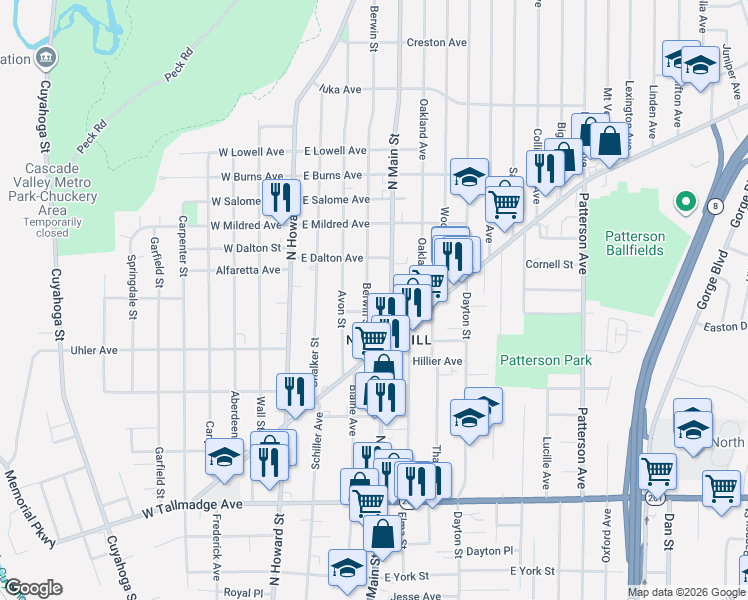 map of restaurants, bars, coffee shops, grocery stores, and more near 878 Berwin Street in Akron