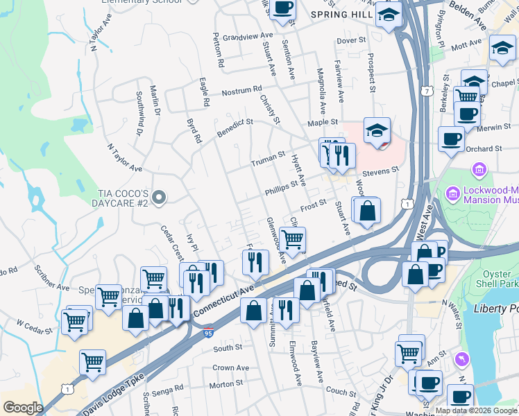 map of restaurants, bars, coffee shops, grocery stores, and more near 39 Glenwood Avenue in Norwalk