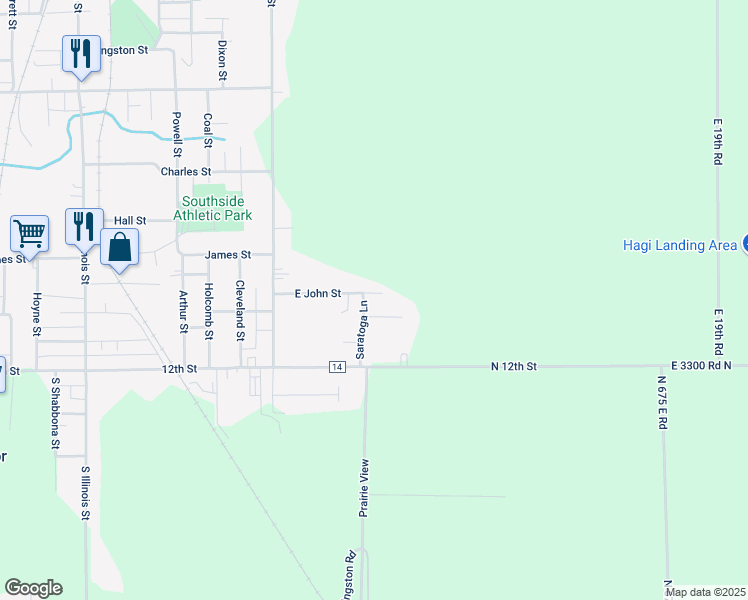 map of restaurants, bars, coffee shops, grocery stores, and more near 1503 John Street in Streator