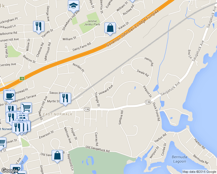 map of restaurants, bars, coffee shops, grocery stores, and more near 54 Howard Avenue in Norwalk