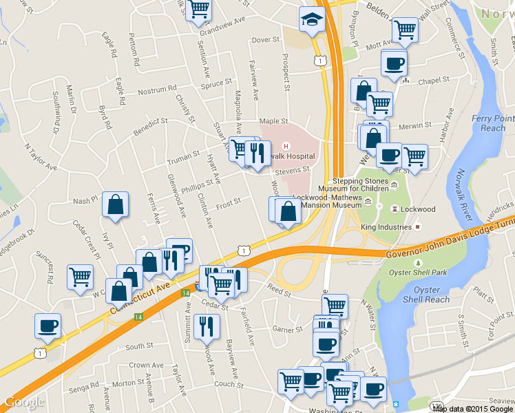map of restaurants, bars, coffee shops, grocery stores, and more near 501 West Avenue in Norwalk