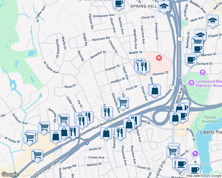 map of restaurants, bars, coffee shops, grocery stores, and more near 29 Phillips Street in Norwalk