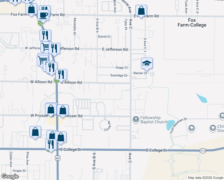 map of restaurants, bars, coffee shops, grocery stores, and more near 711 East Allison Road in Cheyenne
