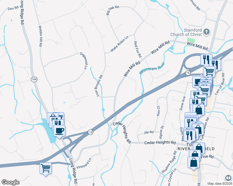 map of restaurants, bars, coffee shops, grocery stores, and more near 295 Wire Mill Road in Stamford