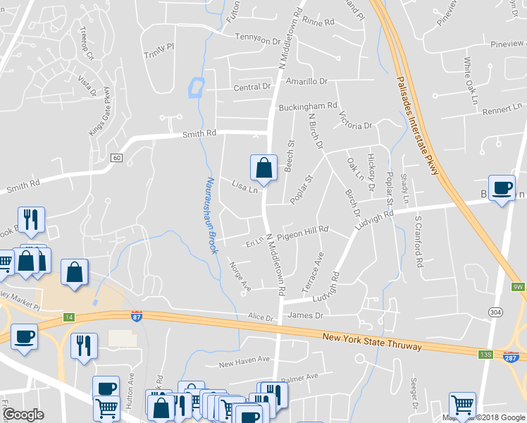 map of restaurants, bars, coffee shops, grocery stores, and more near 166 North Middletown Road in Nanuet