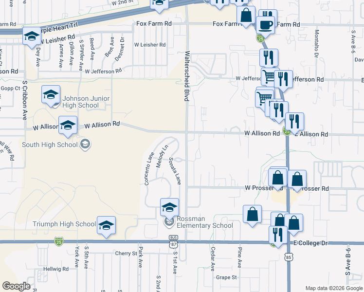 map of restaurants, bars, coffee shops, grocery stores, and more near 919 Sonata Lane in Cheyenne