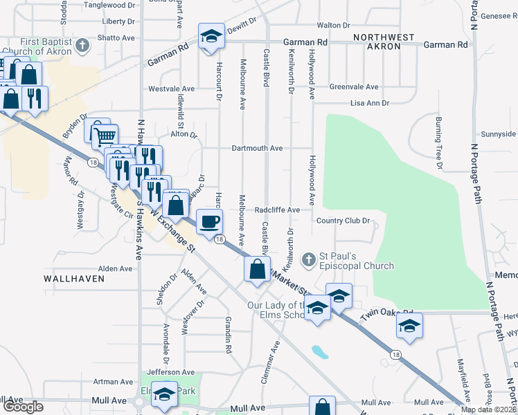 map of restaurants, bars, coffee shops, grocery stores, and more near 85 Melbourne Avenue in Akron