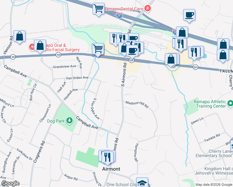 map of restaurants, bars, coffee shops, grocery stores, and more near 19 South Airmont Road in Suffern