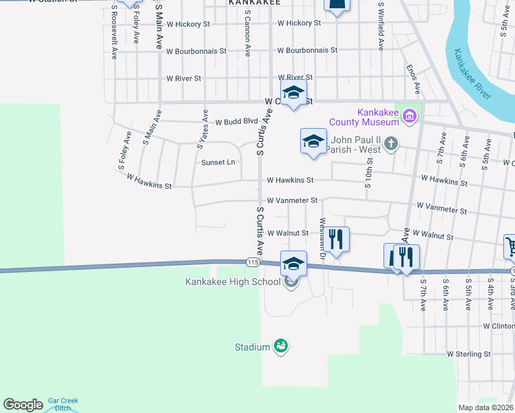 map of restaurants, bars, coffee shops, grocery stores, and more near 1119 South Curtis Avenue in Kankakee
