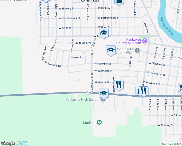 map of restaurants, bars, coffee shops, grocery stores, and more near 1404 West Vanmeter Street in Kankakee