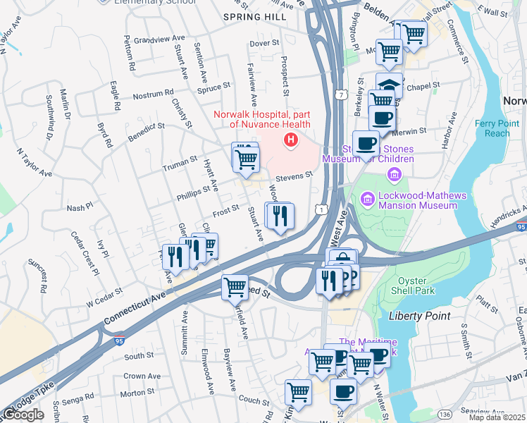 map of restaurants, bars, coffee shops, grocery stores, and more near 297 West Avenue in Norwalk