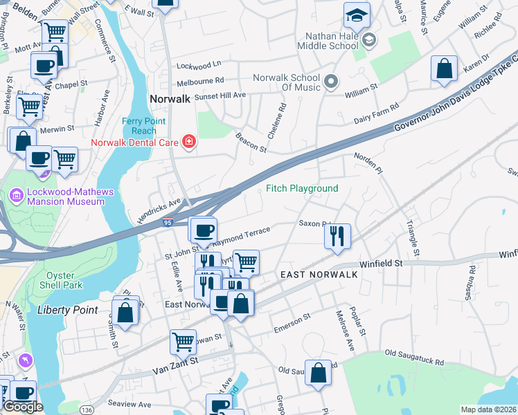 map of restaurants, bars, coffee shops, grocery stores, and more near 42 Olmstead Place in Norwalk