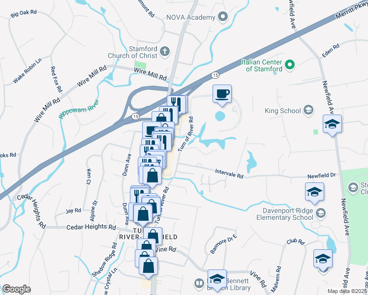 map of restaurants, bars, coffee shops, grocery stores, and more near 181 Turn of River Road in Stamford
