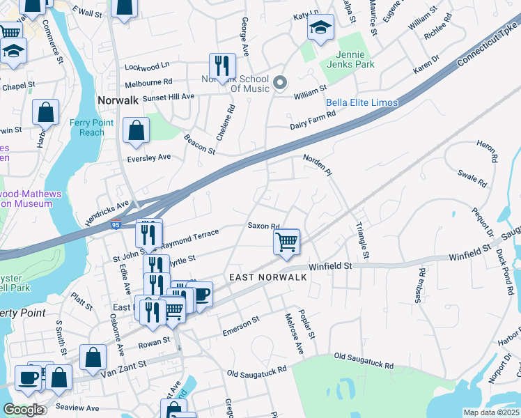 map of restaurants, bars, coffee shops, grocery stores, and more near 63 Strawberry Hill Avenue in Norwalk