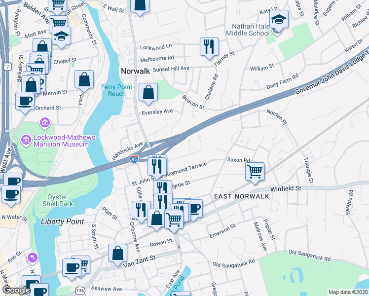 map of restaurants, bars, coffee shops, grocery stores, and more near 5 Knickerbocker Avenue in Norwalk