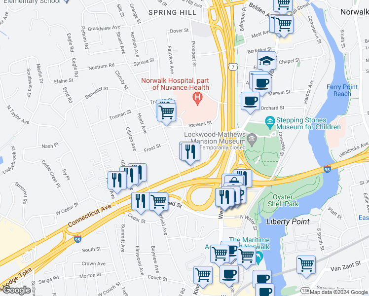 map of restaurants, bars, coffee shops, grocery stores, and more near 501 West Avenue in Norwalk