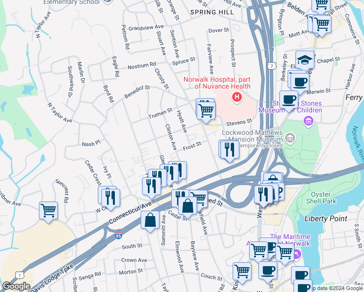 map of restaurants, bars, coffee shops, grocery stores, and more near 5 Hyatt Avenue in Norwalk