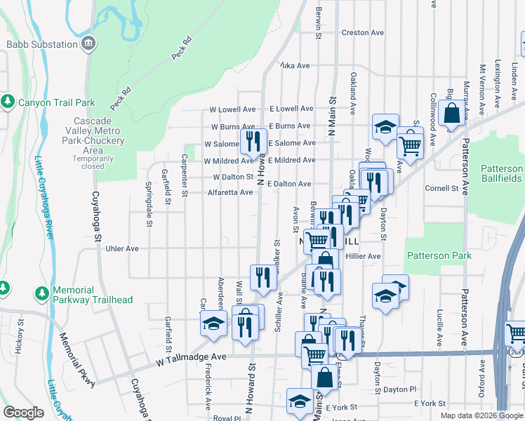 map of restaurants, bars, coffee shops, grocery stores, and more near 863 North Howard Street in Akron