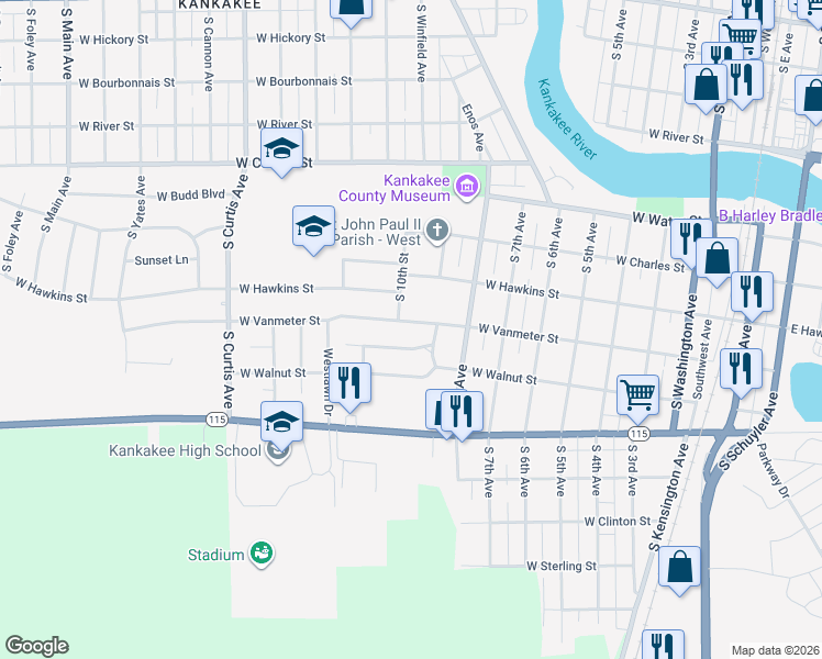 map of restaurants, bars, coffee shops, grocery stores, and more near 920 West Vanmeter Street in Kankakee