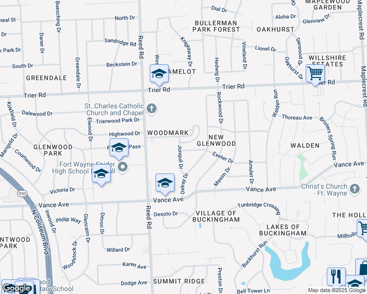 map of restaurants, bars, coffee shops, grocery stores, and more near 5009 Exeter Drive in Fort Wayne