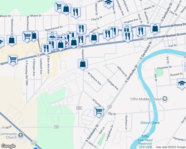 map of restaurants, bars, coffee shops, grocery stores, and more near 1355 West Seneca Avenue in Tiffin