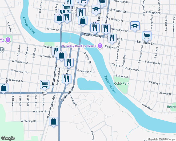 map of restaurants, bars, coffee shops, grocery stores, and more near 359 East Hawkins Street in Kankakee