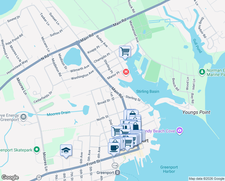 map of restaurants, bars, coffee shops, grocery stores, and more near 727 Main Street in Greenport