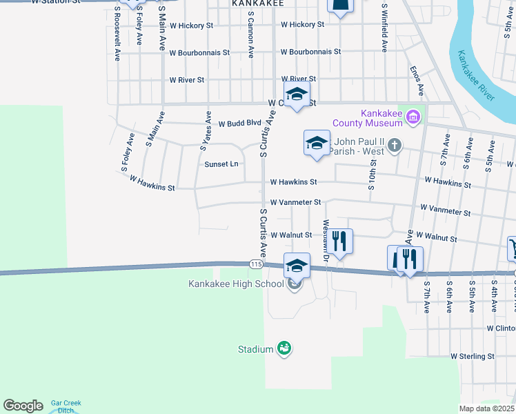 map of restaurants, bars, coffee shops, grocery stores, and more near 1404 West Vanmeter Street in Kankakee