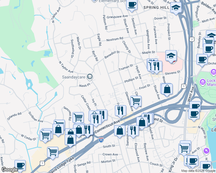 map of restaurants, bars, coffee shops, grocery stores, and more near 47 Ferris Avenue in Norwalk