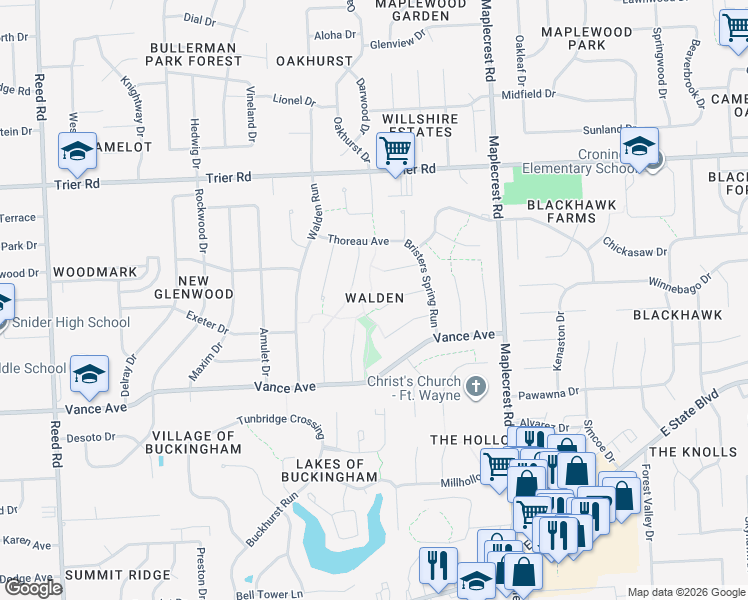map of restaurants, bars, coffee shops, grocery stores, and more near 5917 Hallowell Place in Fort Wayne