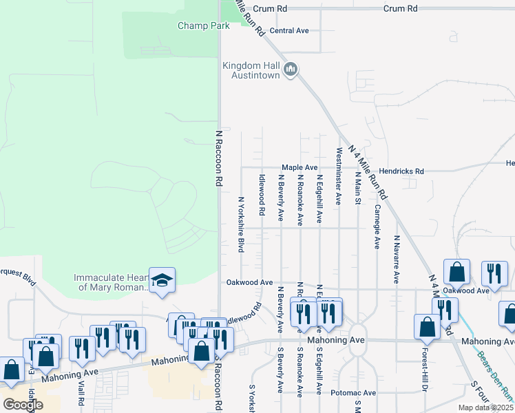 map of restaurants, bars, coffee shops, grocery stores, and more near 236 Idlewood Road in Youngstown