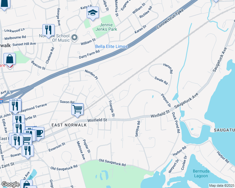 map of restaurants, bars, coffee shops, grocery stores, and more near 5 Fordham Drive in Norwalk