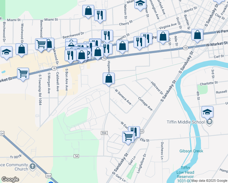 map of restaurants, bars, coffee shops, grocery stores, and more near 126 Hopewell Avenue in Tiffin
