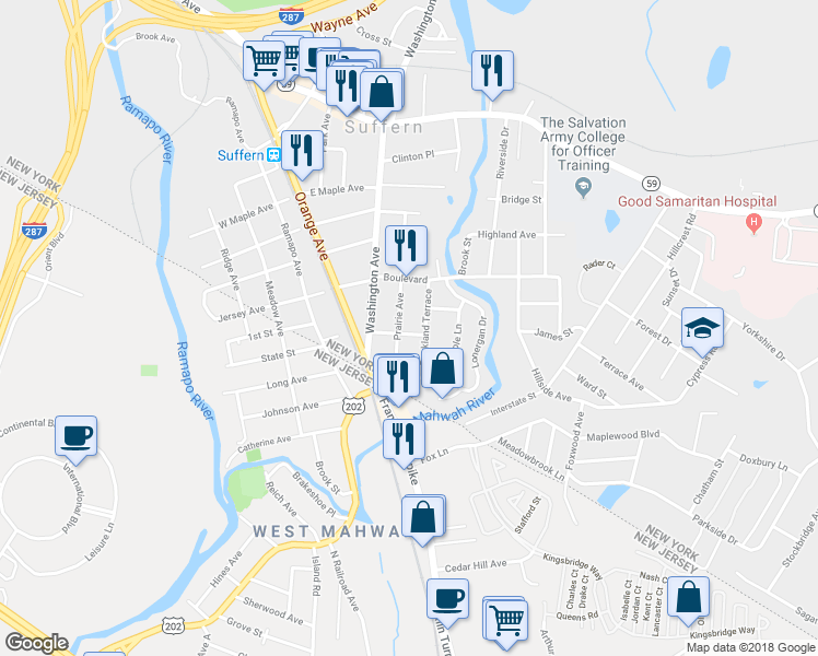 map of restaurants, bars, coffee shops, grocery stores, and more near 8 Lincoln Street in Suffern