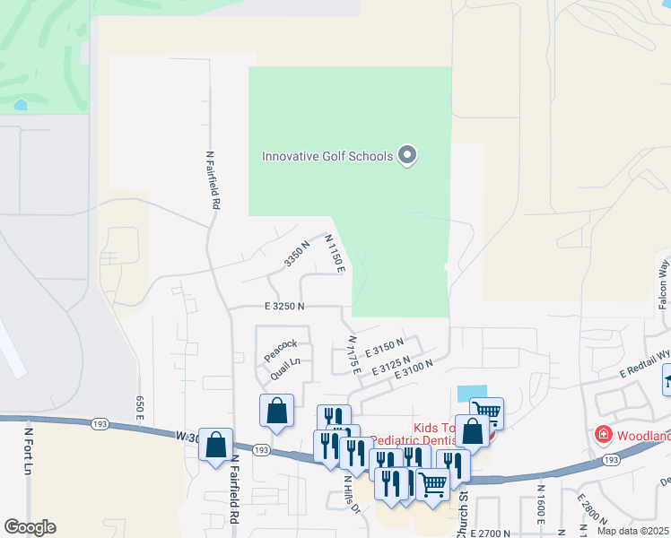 map of restaurants, bars, coffee shops, grocery stores, and more near 3329 North 1150 East in Layton