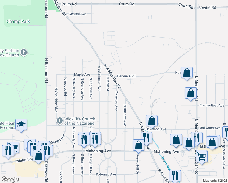 map of restaurants, bars, coffee shops, grocery stores, and more near 240 Carnegie Avenue in Youngstown