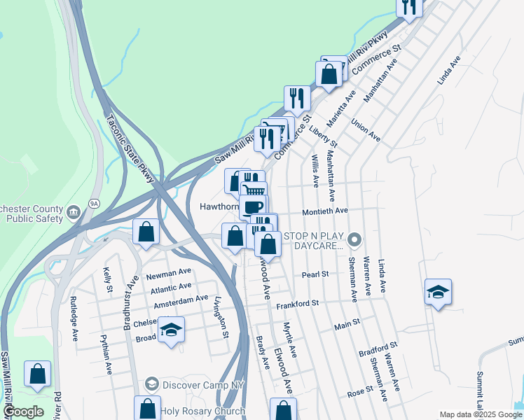 map of restaurants, bars, coffee shops, grocery stores, and more near 388 Elwood Avenue in Hawthorne