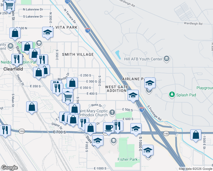 map of restaurants, bars, coffee shops, grocery stores, and more near 328 South 750 East in Clearfield