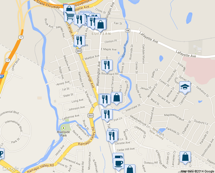 map of restaurants, bars, coffee shops, grocery stores, and more near 19 Rockland Terrace in Suffern