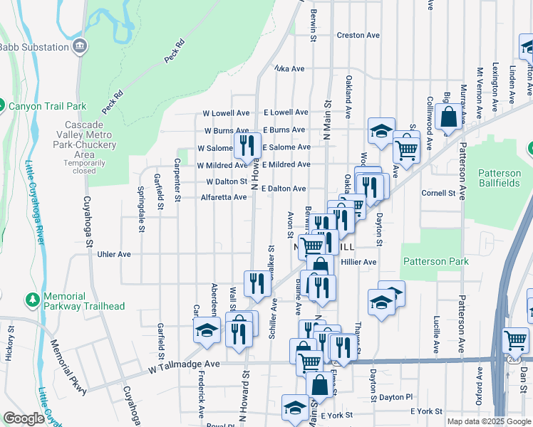 map of restaurants, bars, coffee shops, grocery stores, and more near 863 North Howard Street in Akron