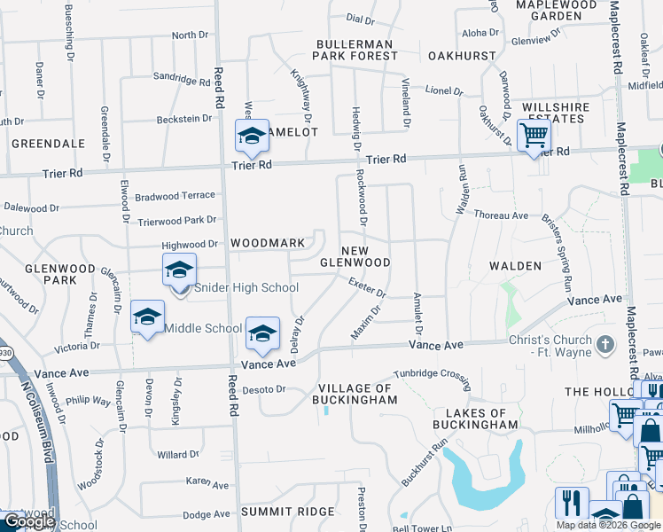 map of restaurants, bars, coffee shops, grocery stores, and more near 5119 Exeter Drive in Fort Wayne