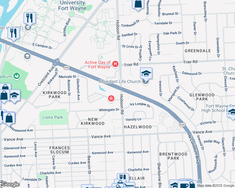 map of restaurants, bars, coffee shops, grocery stores, and more near 3110 East Coliseum Boulevard in Fort Wayne