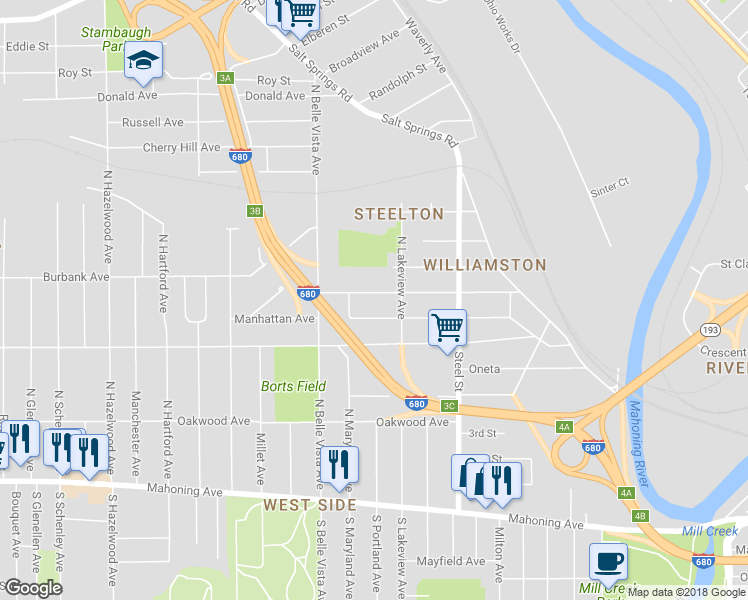 map of restaurants, bars, coffee shops, grocery stores, and more near 1729 Midland Avenue in Youngstown