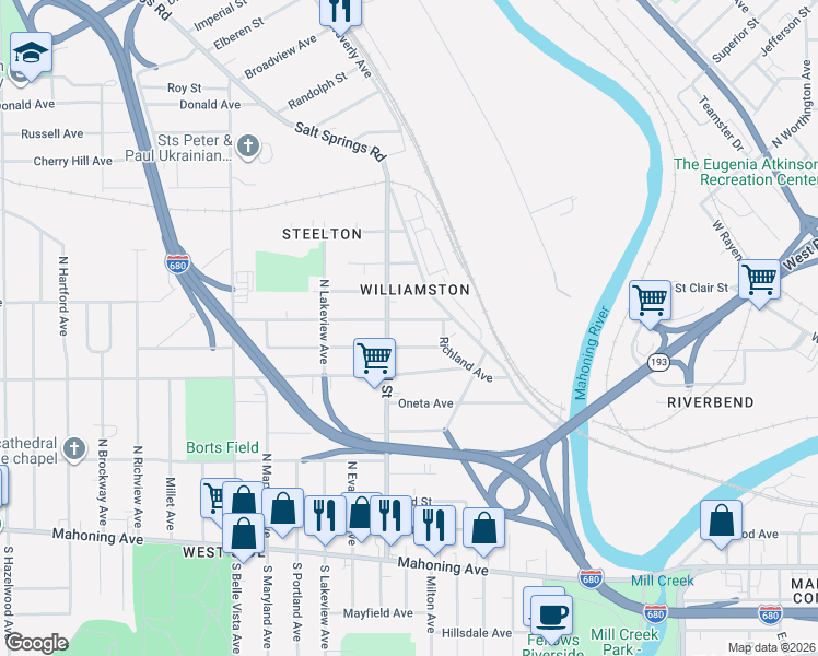 map of restaurants, bars, coffee shops, grocery stores, and more near 1547 Midland Ave in Youngstown