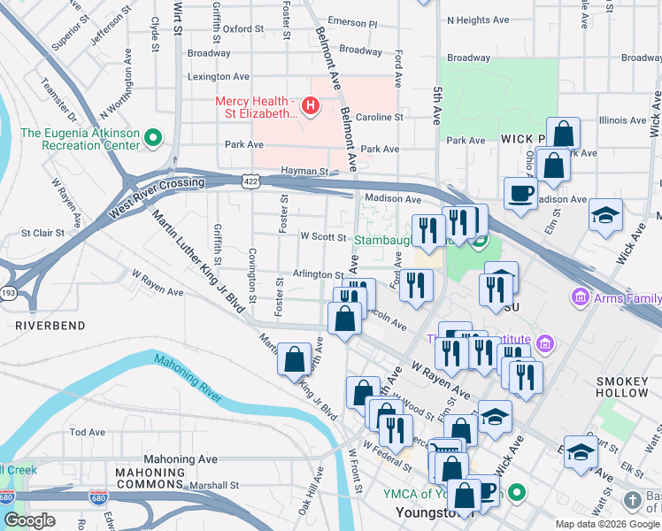 map of restaurants, bars, coffee shops, grocery stores, and more near 515 North Avenue in Youngstown